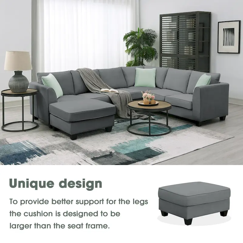 112*87 Sectional Sofa Couches Living Room Sets 7 Seats Modular Sectional Sofa with 3 Pillows, Grey