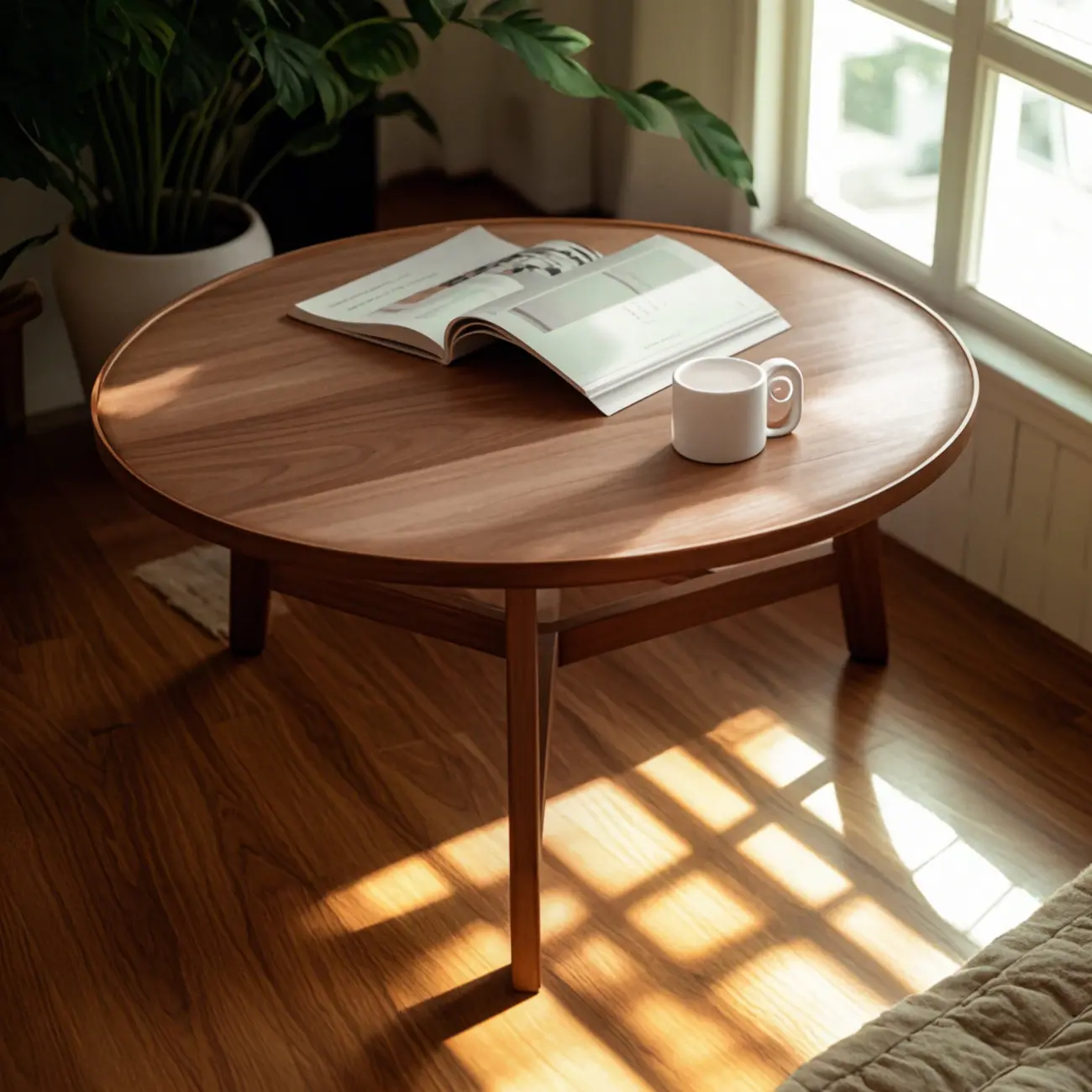 Mid-century Wooden Round Coffee Table Set with Cross Legs