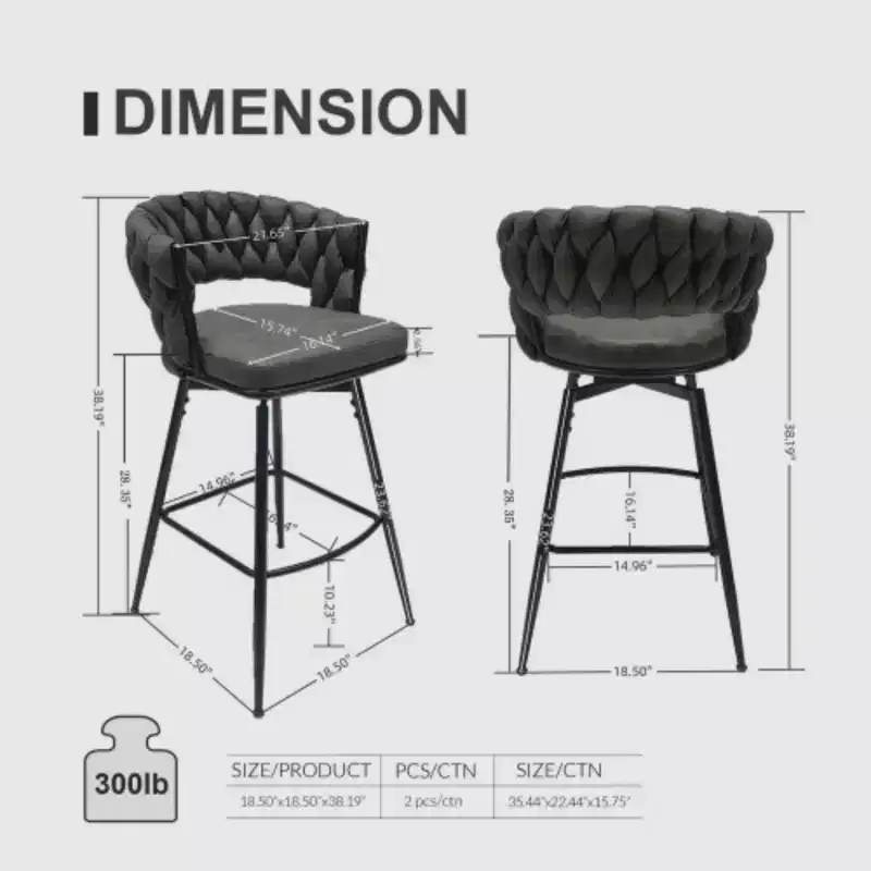 Back and Footrest Included, 2 Linen Woven Swivel Bar Stools Set, Non-Adjustable Kitchen Chairs