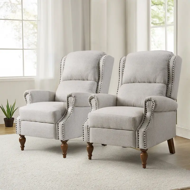 Traditional Roll Arm Manual Recliner with Solid Wood Legs