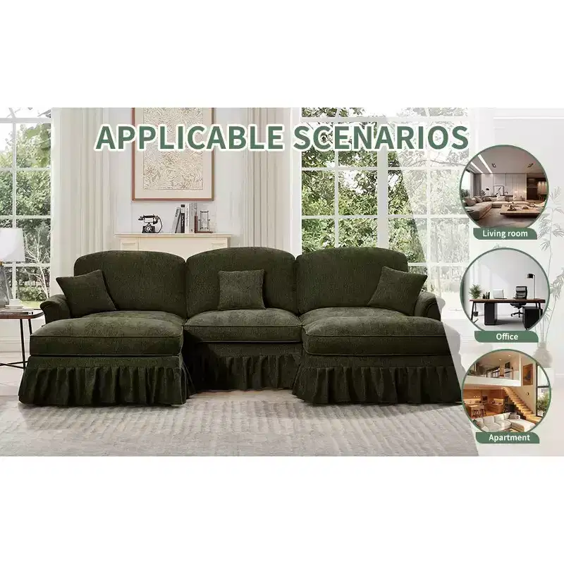 MooxvMoo 107in Chenille Midcentury Modern Sofa U Shaped Couch, with Detachable Ruffle Hem, Sectional Couches W/ Throw Pillows & 2 Ottoman, Green
