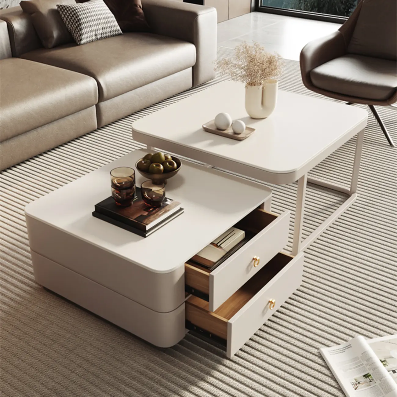 Anti-Scratch Stone Top White Nesting Coffee Table with Storage
