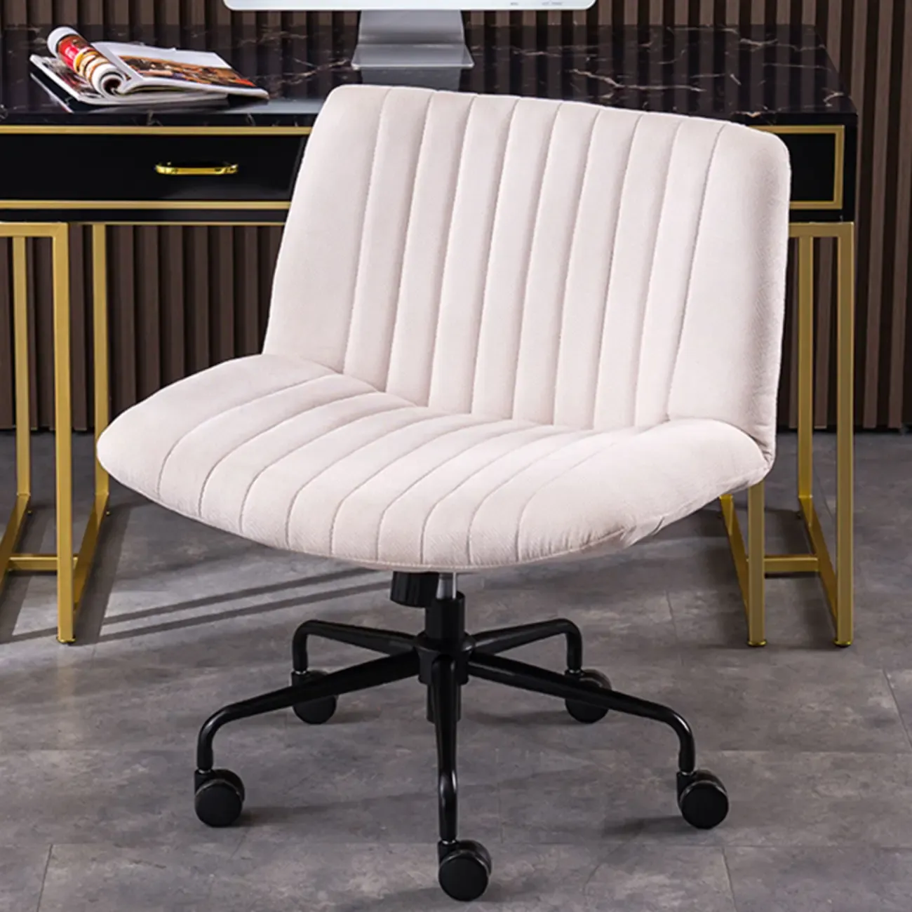 Elegant Gray Linen Upholstered Swivel Office Chair