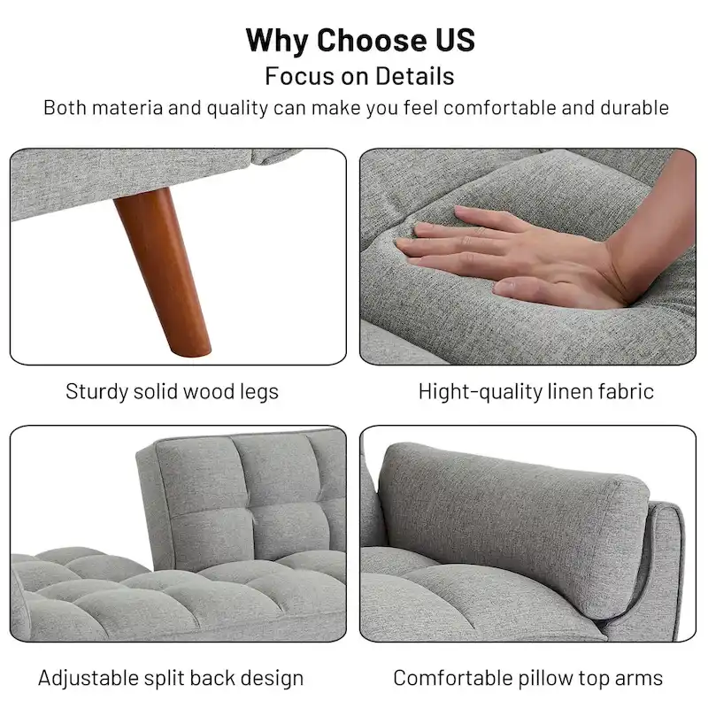 Convertible Futon Sofa Bed, Tufted Linen, Wood Legs, 3-Position Backrest, 500 lbs, Seats 2, Beige/Grey/Green/Yellow