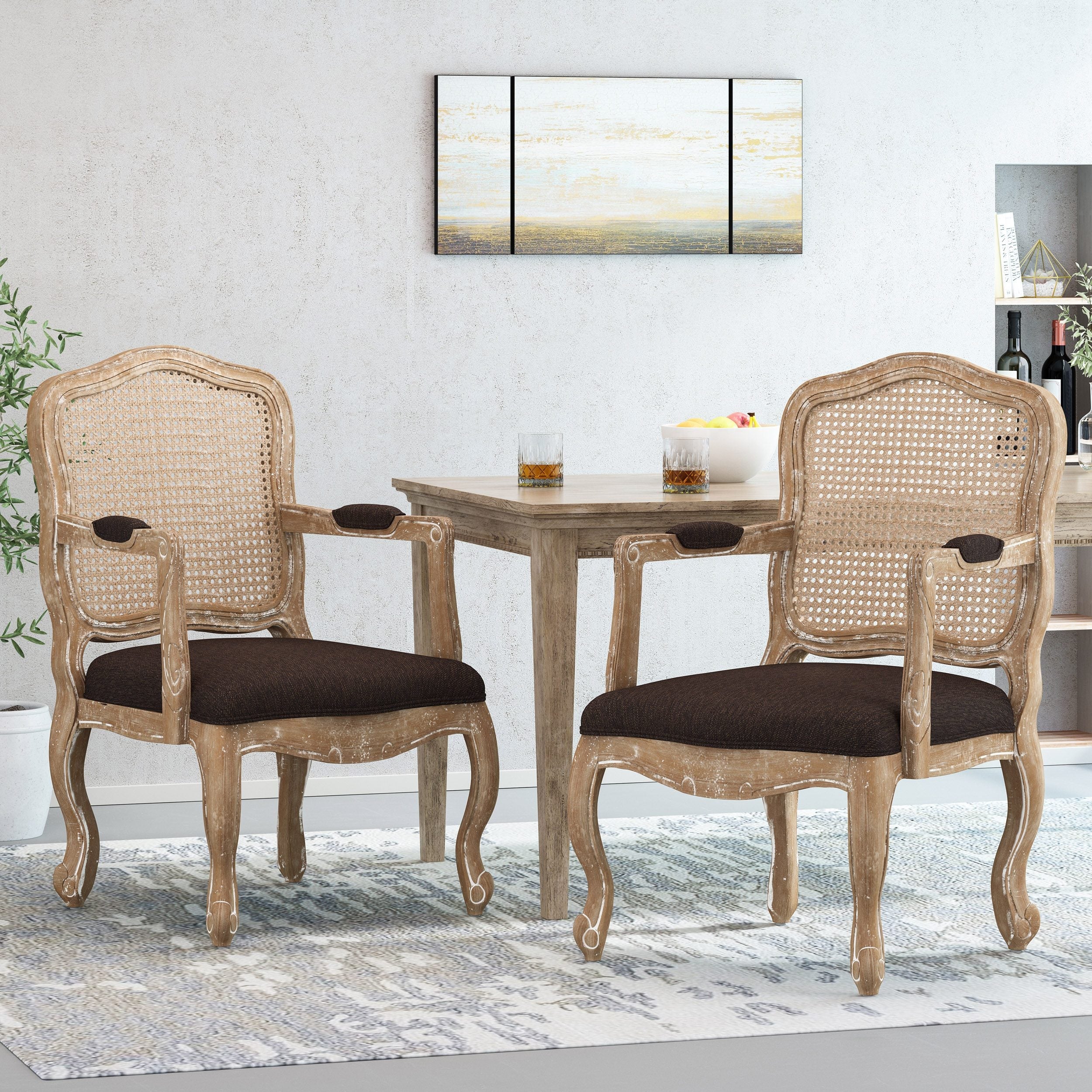 French Country Wood and Cane Upholstered Dining Armchair - NH542513