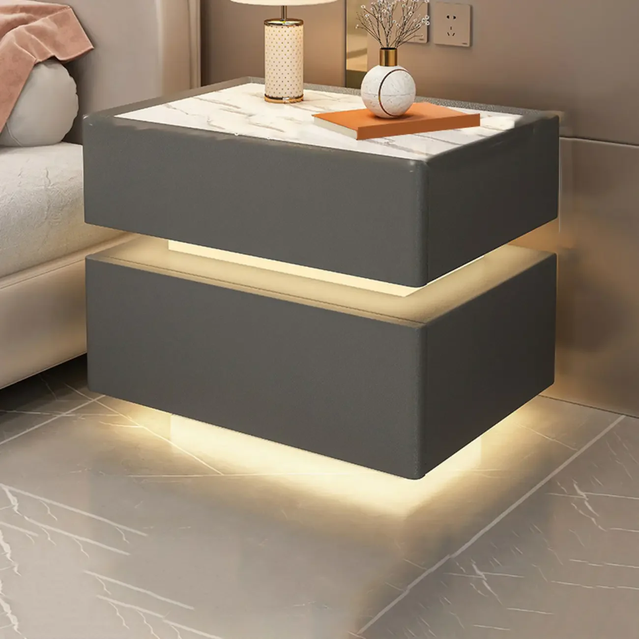 LED 2-Tier White Wooden Floating Nightstand with Drawer