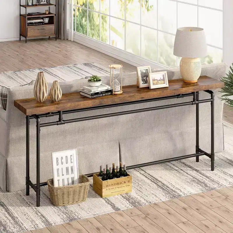 LITTLE TREE 70.9" Industrial Extra Long Console Sofa Table Brown/Black