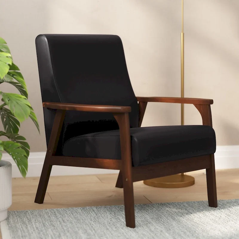 Mid-Century Modern Armchair with Wooden Frame and Faux Leather Cushions