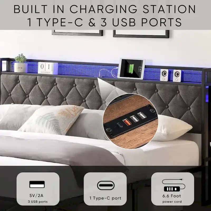 King Upholstered Bed Frame with Storage Headboard, Charging Station and LED Lights