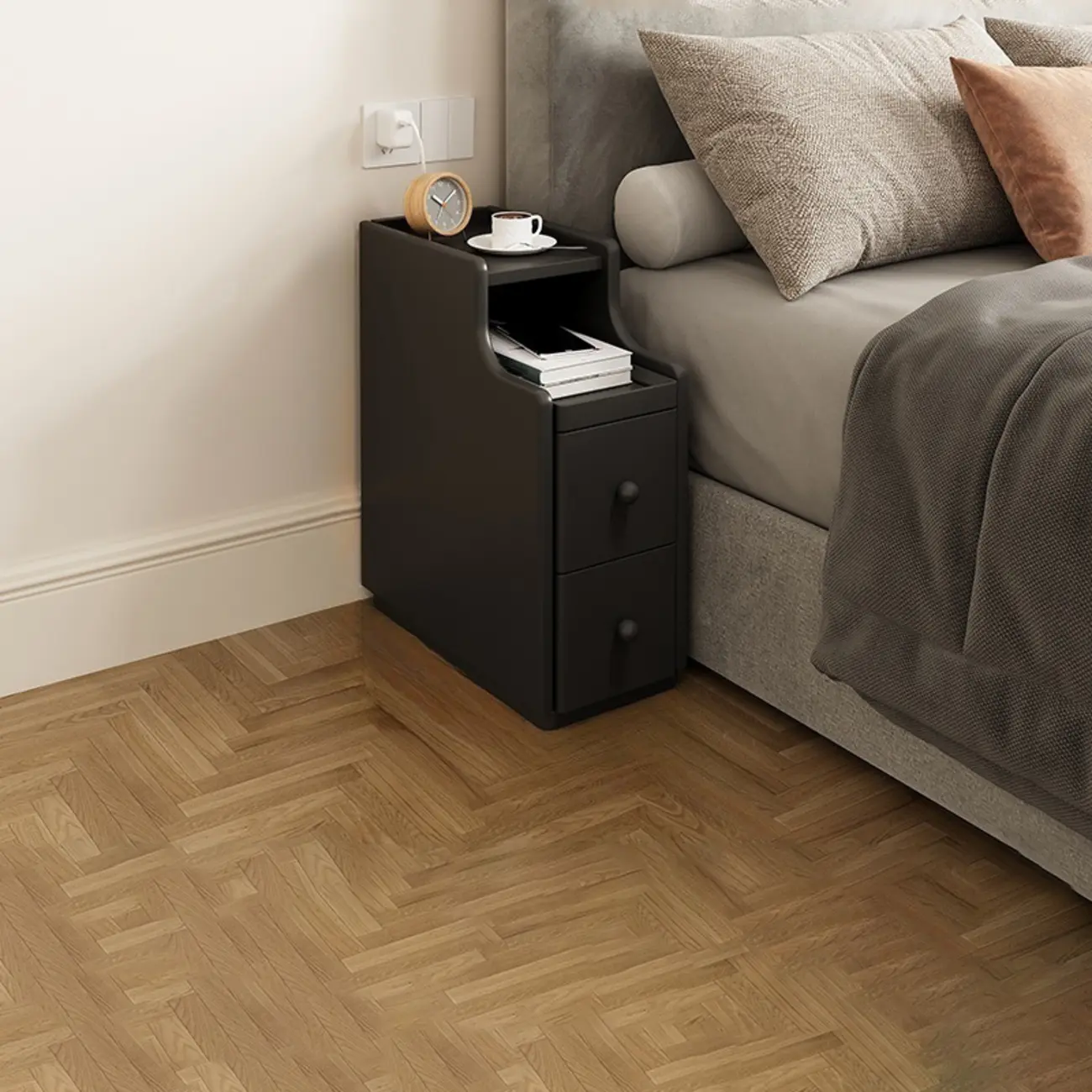 Multi-Function White Wood Storage Narrow Nightstand