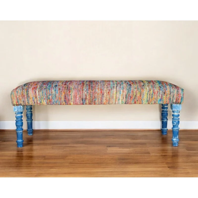 HomeRoots 47 Rainbow Stripe Blue Leg Upholstered Bench - 47 x 18 x 16