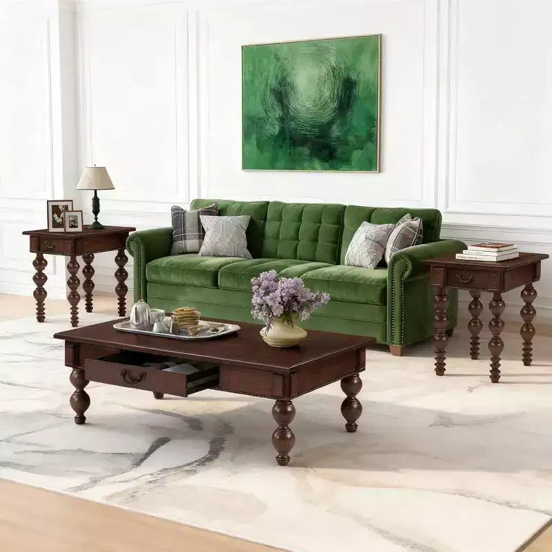 Luxystar Solid Wood Coffee Table Set of 3 with Drawer, Includes 1 Vintage Coffee Table and 2 End Side Table for Living Room