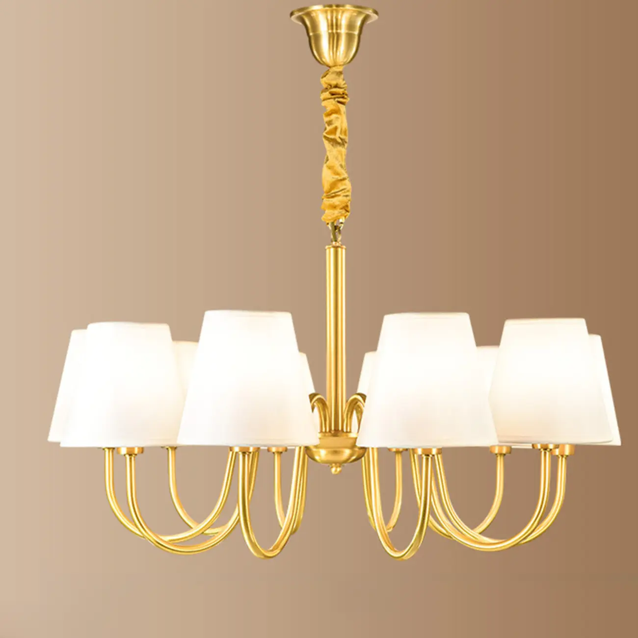 Modern Brass Hanging Chandelier with Fabric Shade