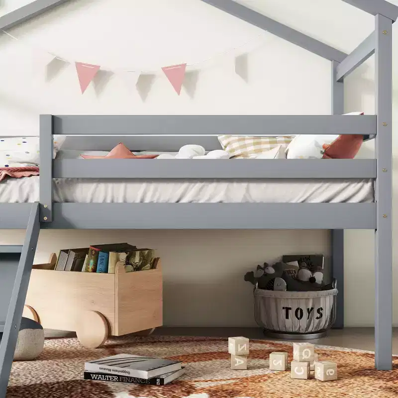 Whisen 81.7L x 67.6W Twin Low Loft House Bed with Slide, Ladder, Safety Guardrails, House Roof Frame
