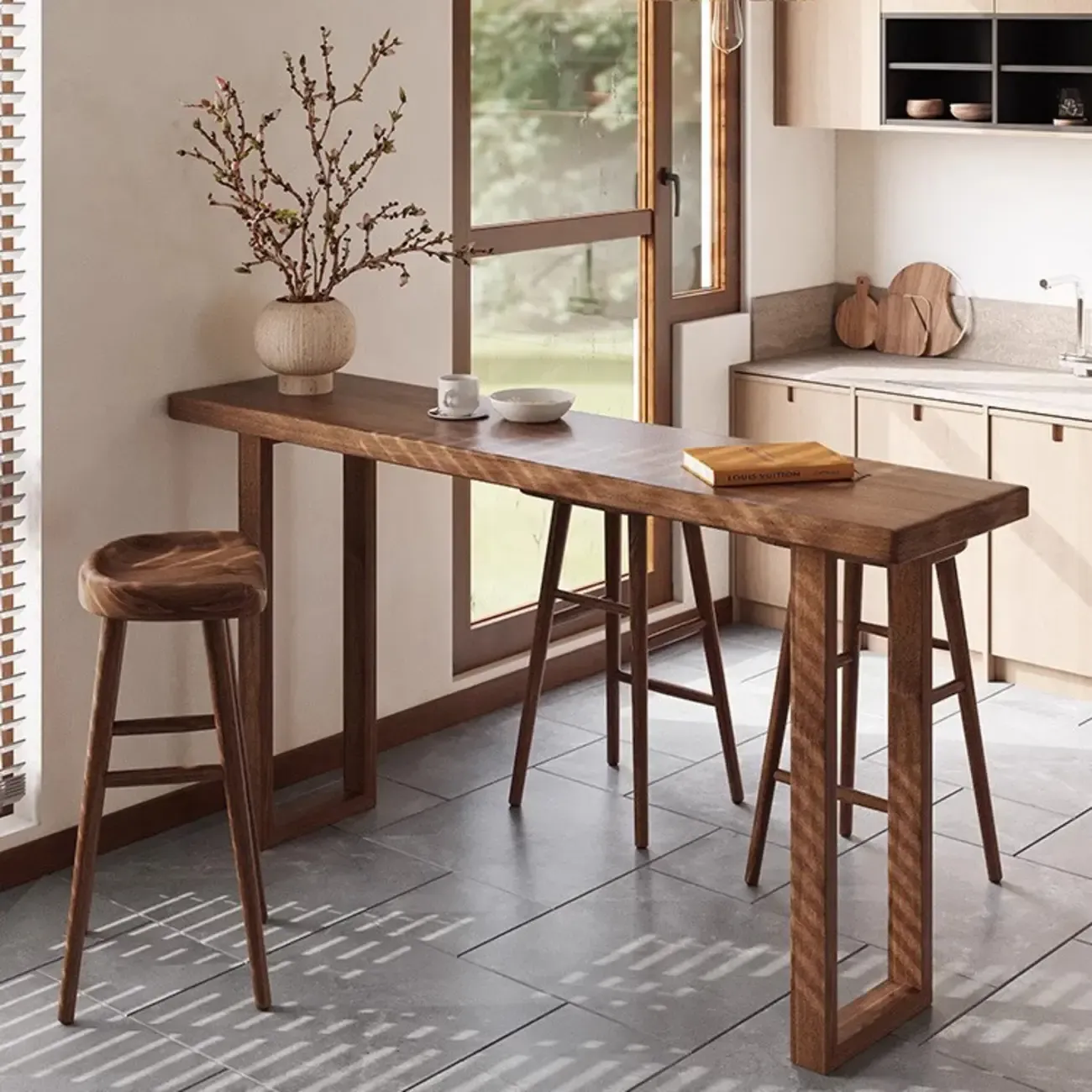 Wooden Backless Bar Set with Footrests & Sled Base