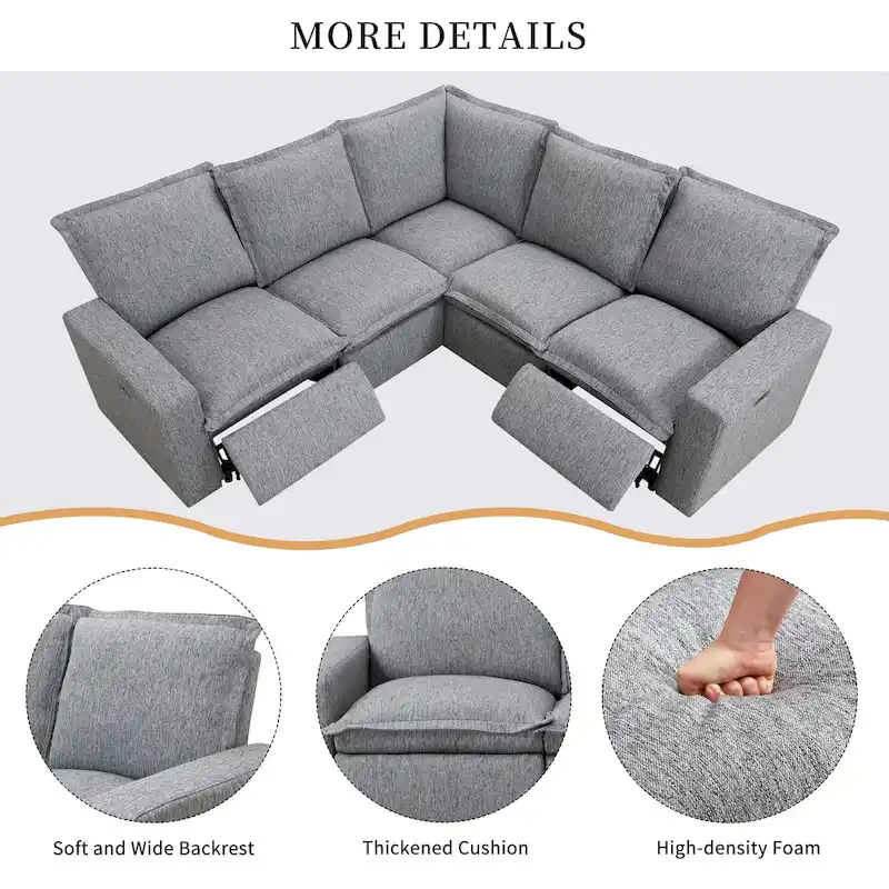 Grey Linen L-Shaped Sectional Sofa with Power Recliners & USB