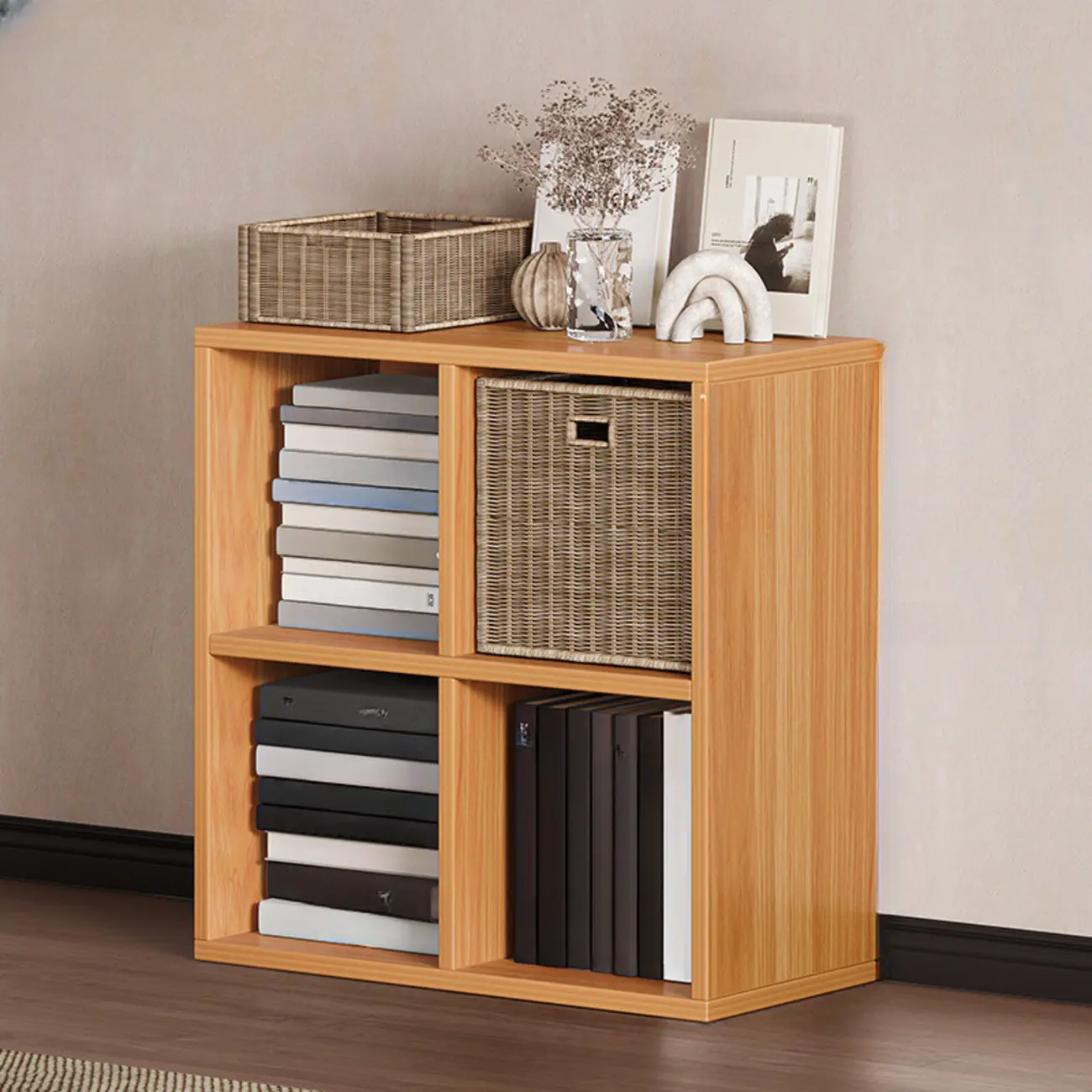 Simple Walnut 8-Cube Wood Bookcase