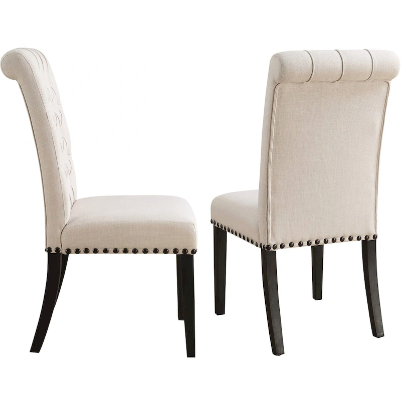 Rolled Back Design Button Tufted Beige Dining Chairs with Nailhead Trim (Set of 2)