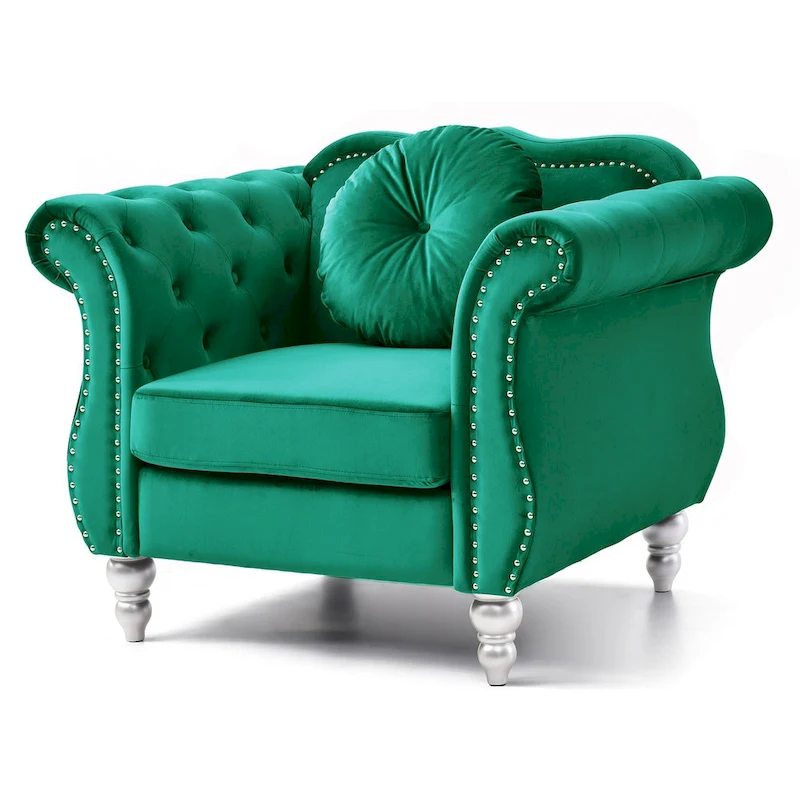 Hollywood Chesterfield Tufted Velvet Accent Chair with Round Throw Pillow - 39L x 35W x 34H