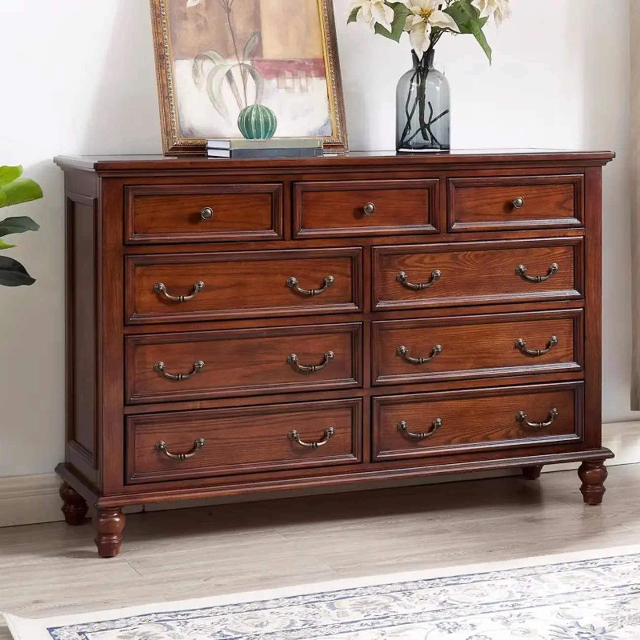 Traditional Brown Bronze Handle Wood 7-Drawer Dresser