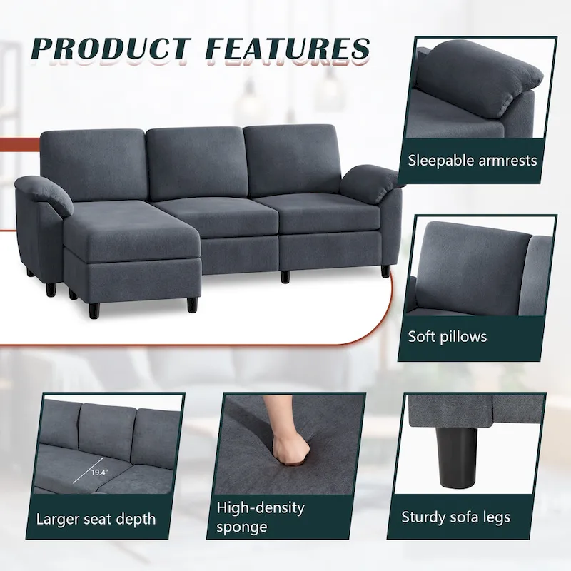 Futzca Sectional Sofa Couch, 3 Seat L Shaped Sofa with Removable Pillows