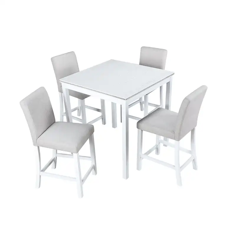 5 Piece Counter Height Table Set, Wooden Kitchen Table Set with Square Table and 4 Upholstered Chairs