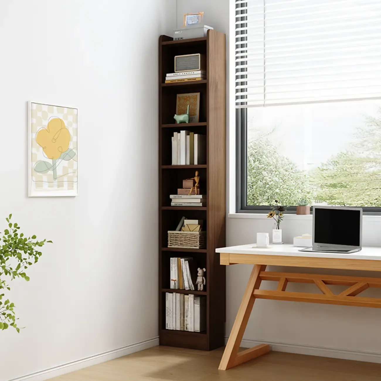 Compact Tall Modern Wooden 5-Tier Corner Bookcase