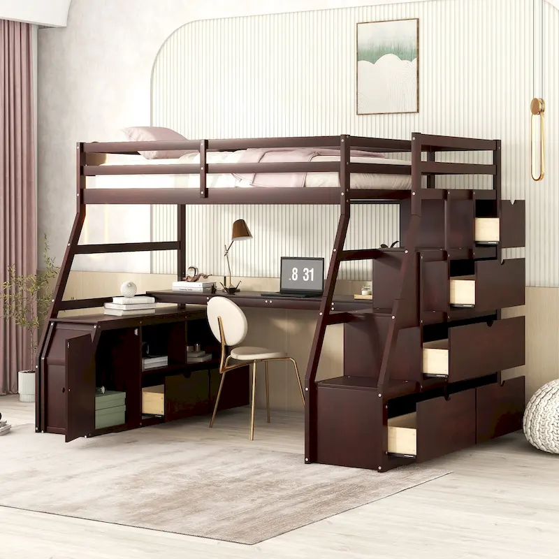 Espresso Twin Size Wood Loft Bed with Drawers, Shelves & Desk