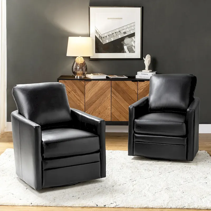 Terrance Transitional Swivel Faux Leather Barrel Chair with Metal Base Set of 2