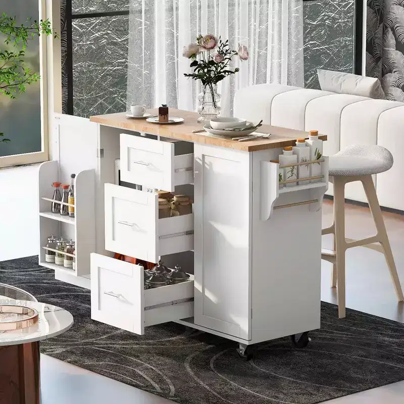 MAYEERTY Black Rolling Kitchen Island with Rubber Wood Top, 3 Drawers 2 Slide-Out Shelves Spice Rack Tower Rack