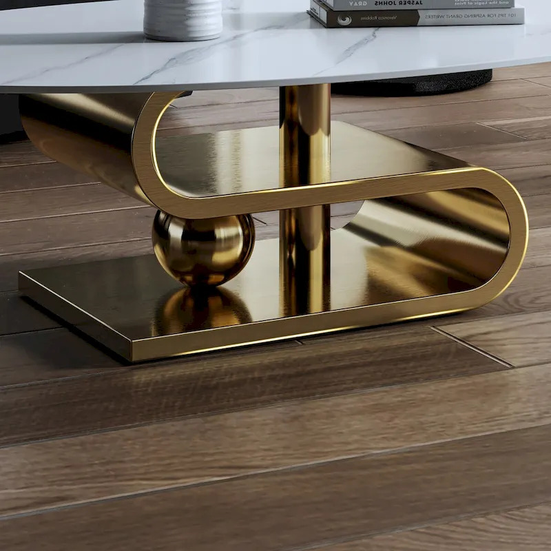 Exquisite Modern Oval Coffee table with white 51L Stone Top and Gold Metal Base