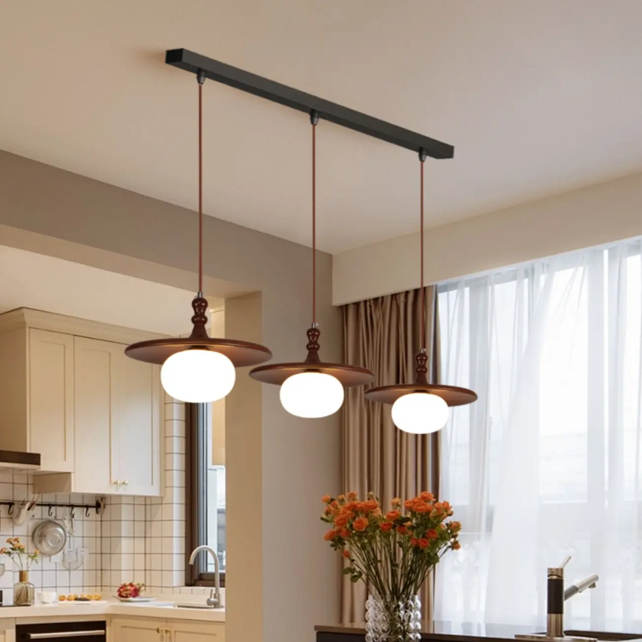 Modern Wood Disc Shape Adjustable Kitchen Island Pendant Light