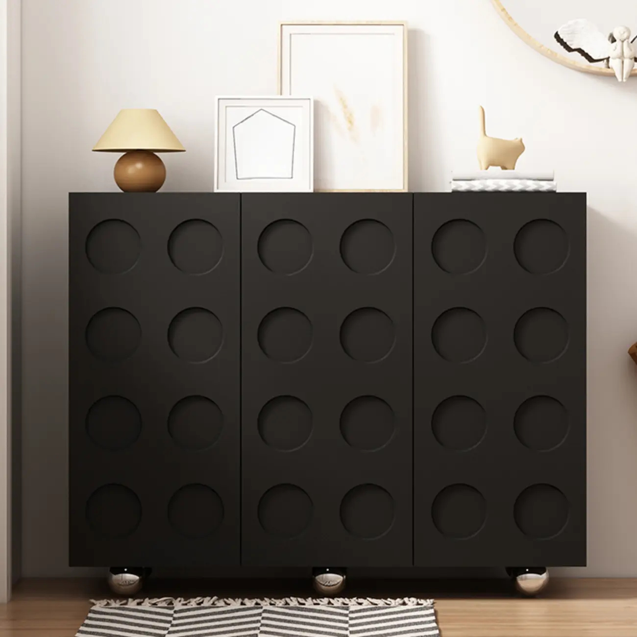 Hallway Black Engineered Wood Shoe Cabinet on Wheels