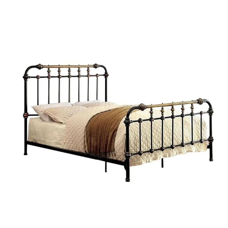 Queen Size Metal Bed with Spindle and Ornamental Accents, Black and Gold