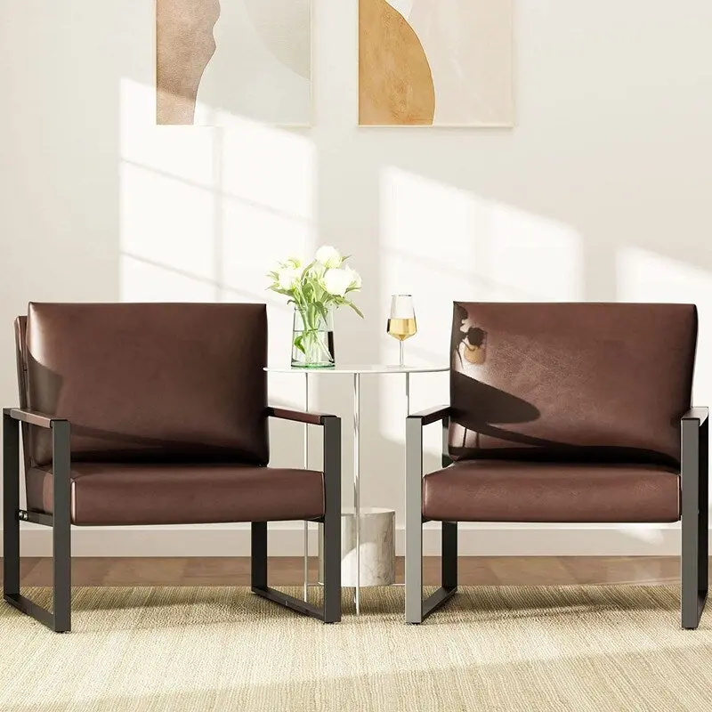 Eureka Modern Vintage Upholstered PU Leather Armchairs, Mid Century Accent Chairs with Steel Frame, Leisure Chairs (Set of 2)