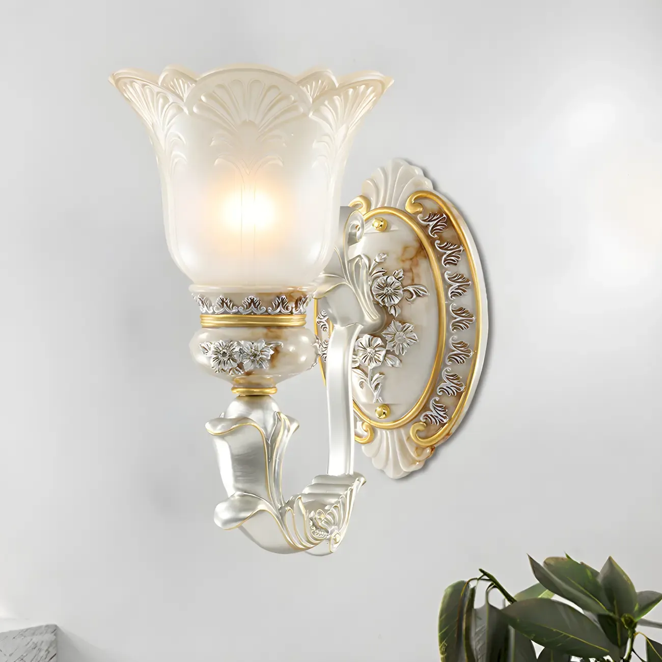 Elegant White Gold Floral Glass Retro LED Wall Light