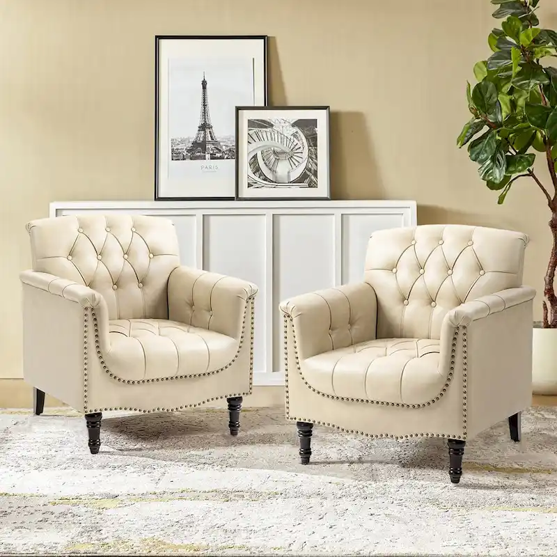 Modern Tufted Accent Armchair with Nailhead Trim Set of 2