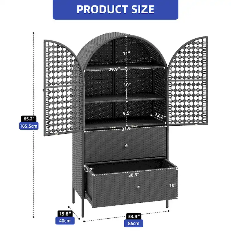 Moasis 65 Tall Arched Wicker Kitchen Pantry Cabinet,Farmhouse Cupboard with 3 Shelves & 2 Drawers
