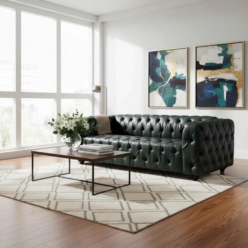 Sofa, Chesterfield Tufted Black Faux Leather Upholstery, Wood, 84 Inch