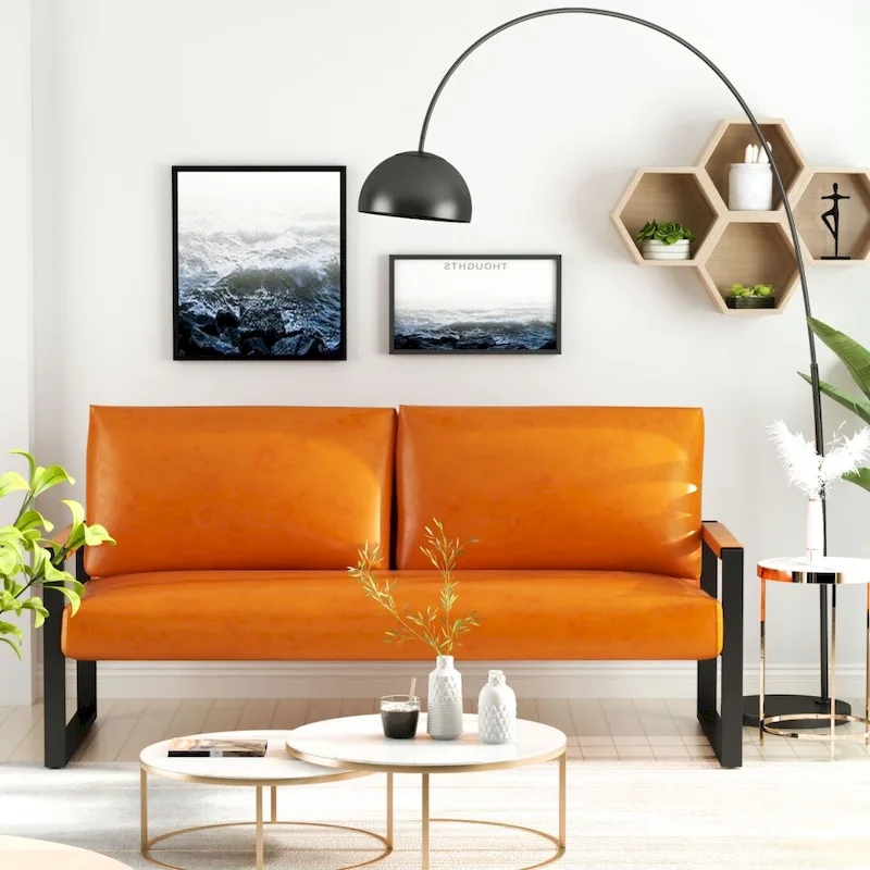 Mieres Mid-Century Style Faux Leather Loveseat Sofa with Steel Frame