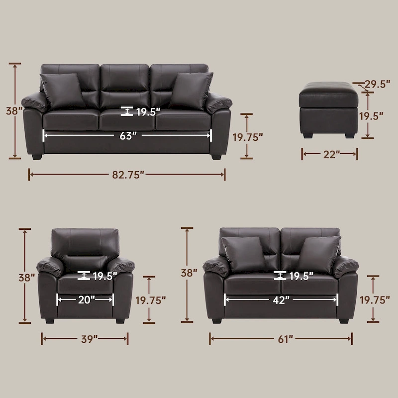 Upholstered Living Room Set, 4 Pieces - Faux Leather Chair, Loveseat, sofa with Ottoman