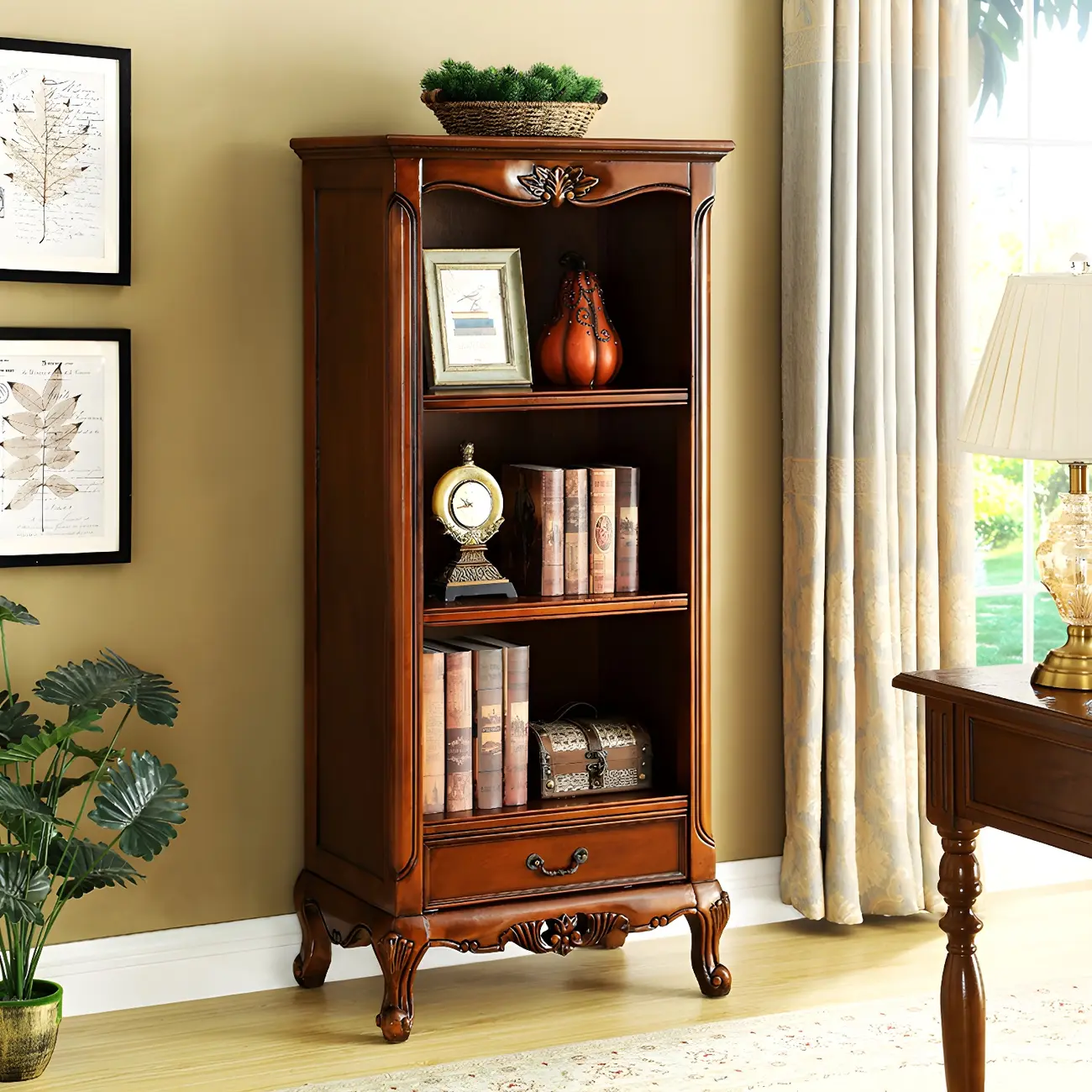 Classic Brown/White Wooden Bookcase with Drawer