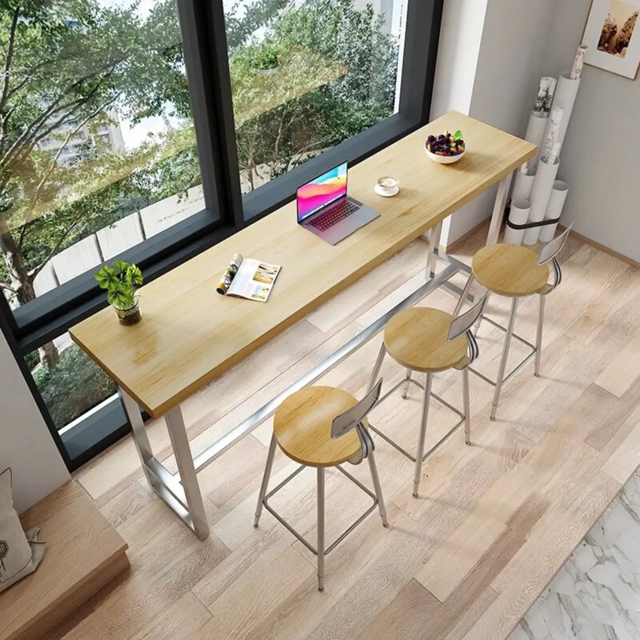 Modern Rustic Pine Wood Top Iron Base Bar Table