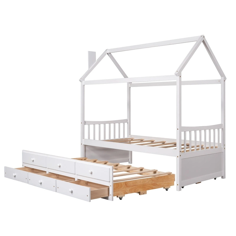 Twin Wooden House Bed with Pull-Out Trundle and Additional Drawers