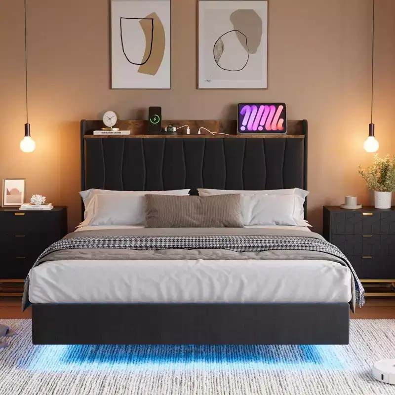 Floating Bed Frame King with LED Lights & USB Charging Station Upholstered Platform Bed with Headboard, Solid Wood Slats Support, No Box Spring
