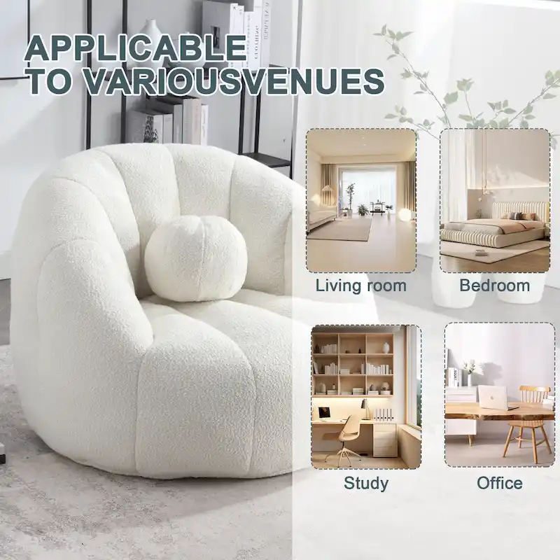 HOMEFUN Boucle Upholstered Round Lazy Cozy Bean Bag Chair With a Pillow