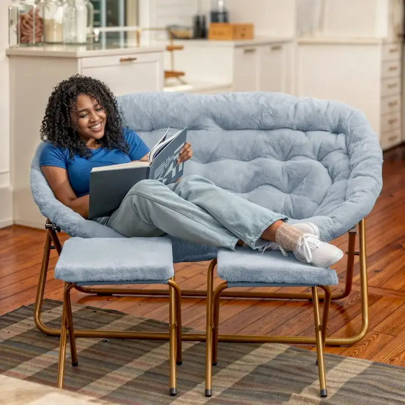 Double Folding Synthetic Fur Saucer Chair with 2 Ottomans