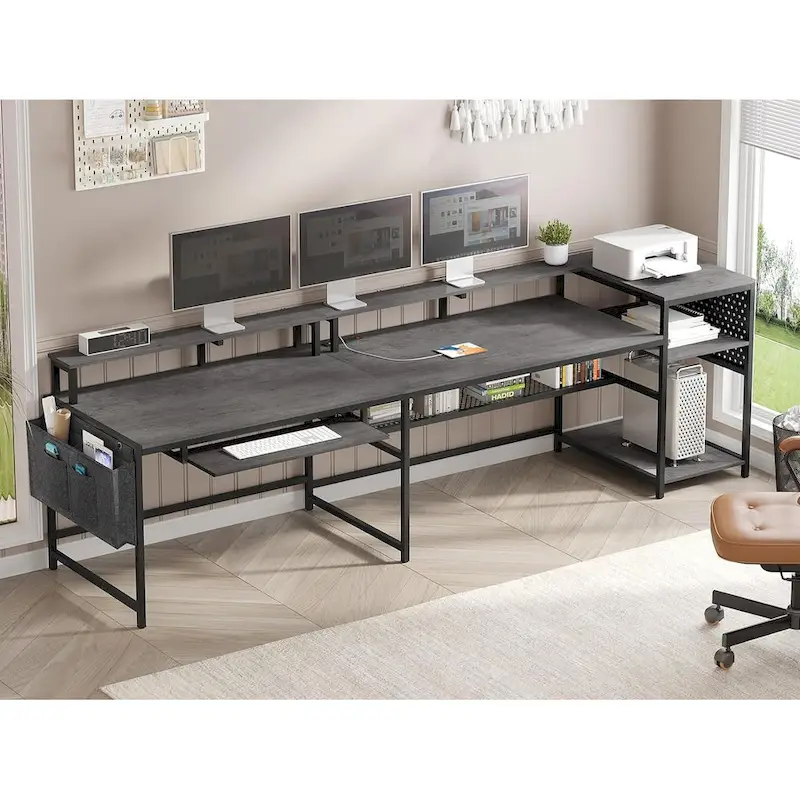 L Shaped Computer Desk Gaming Desk Keyboard Tray Power Outlets & LED