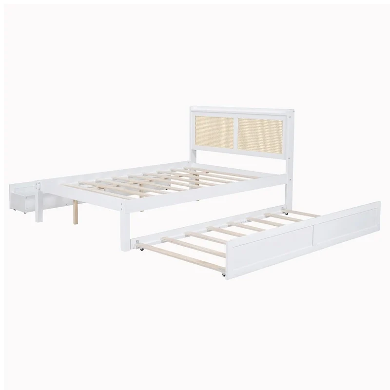 Elegant Bed Frame with Rattan Headboard and Sockets