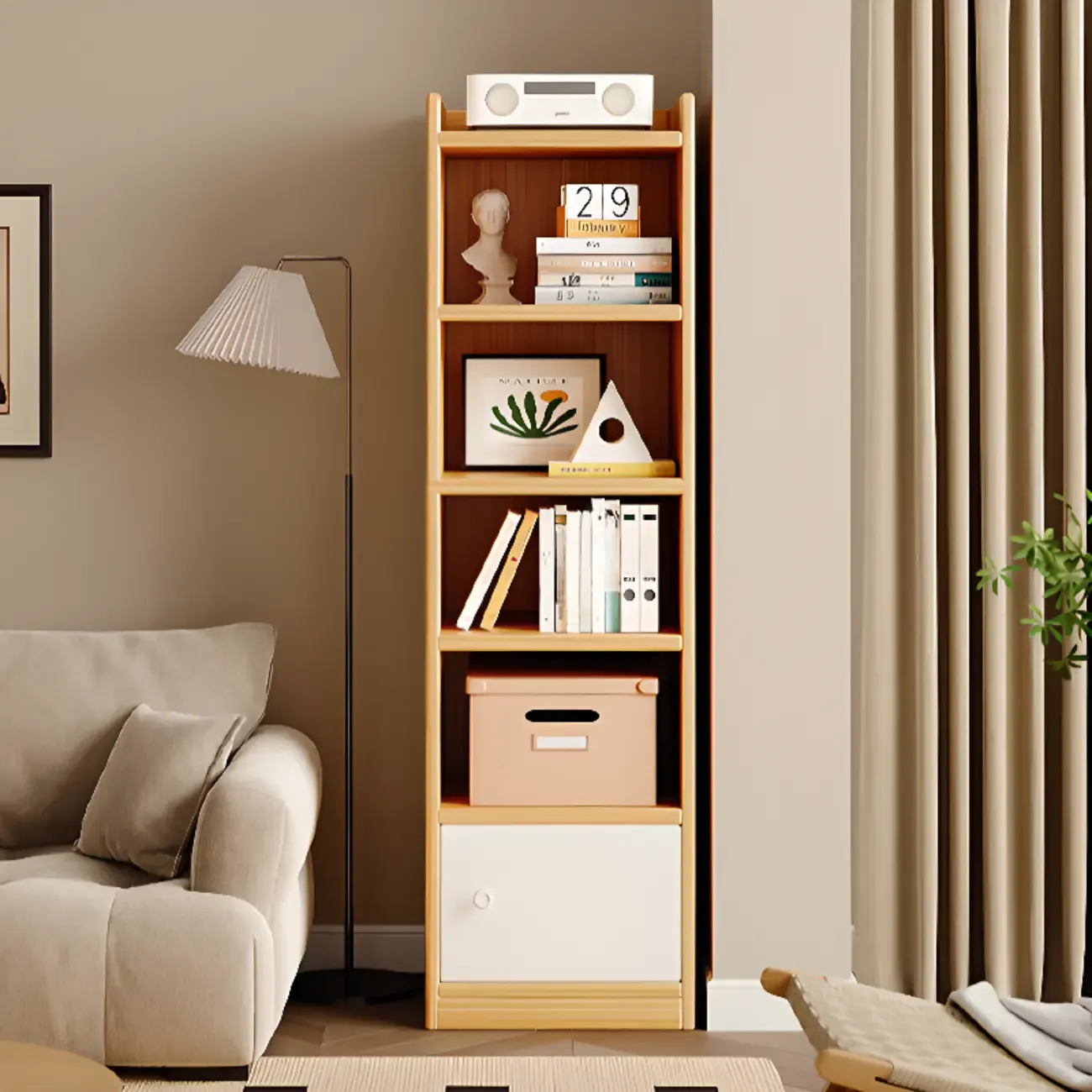 Narrow 6-Shelf White Wooden Bookcase with Cabinet